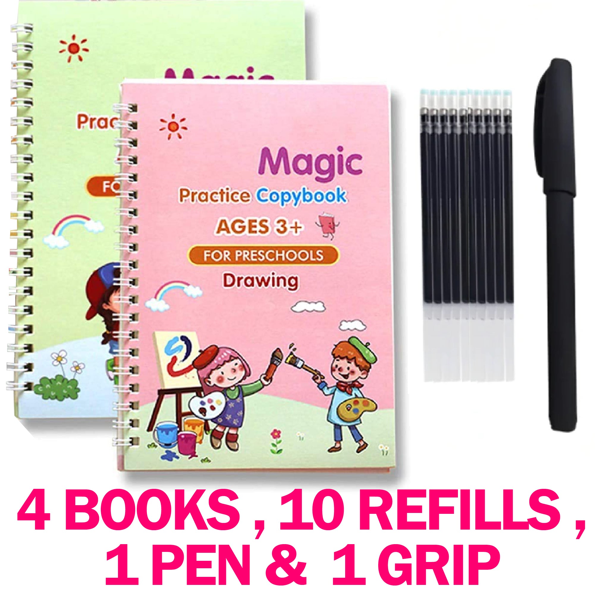 4 books + 1 Pen + 10 Refills +1 Grip