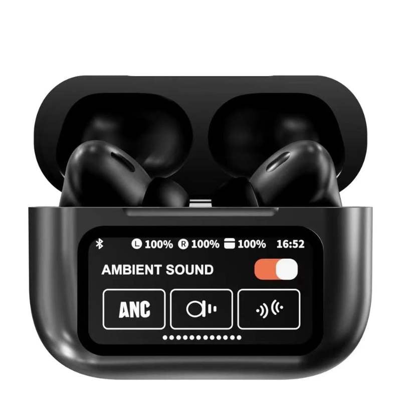 Black A9 Pro ANC Bluetooth 5.4 Wireless Earbuds with Smart Screen and Active Noise Cancellation