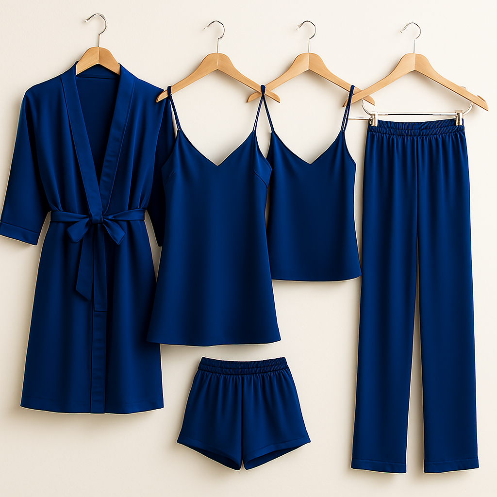 5-Piece Satin Sleepwear Set – Robe, Camisole, Shorts, Pants & Slip Dress