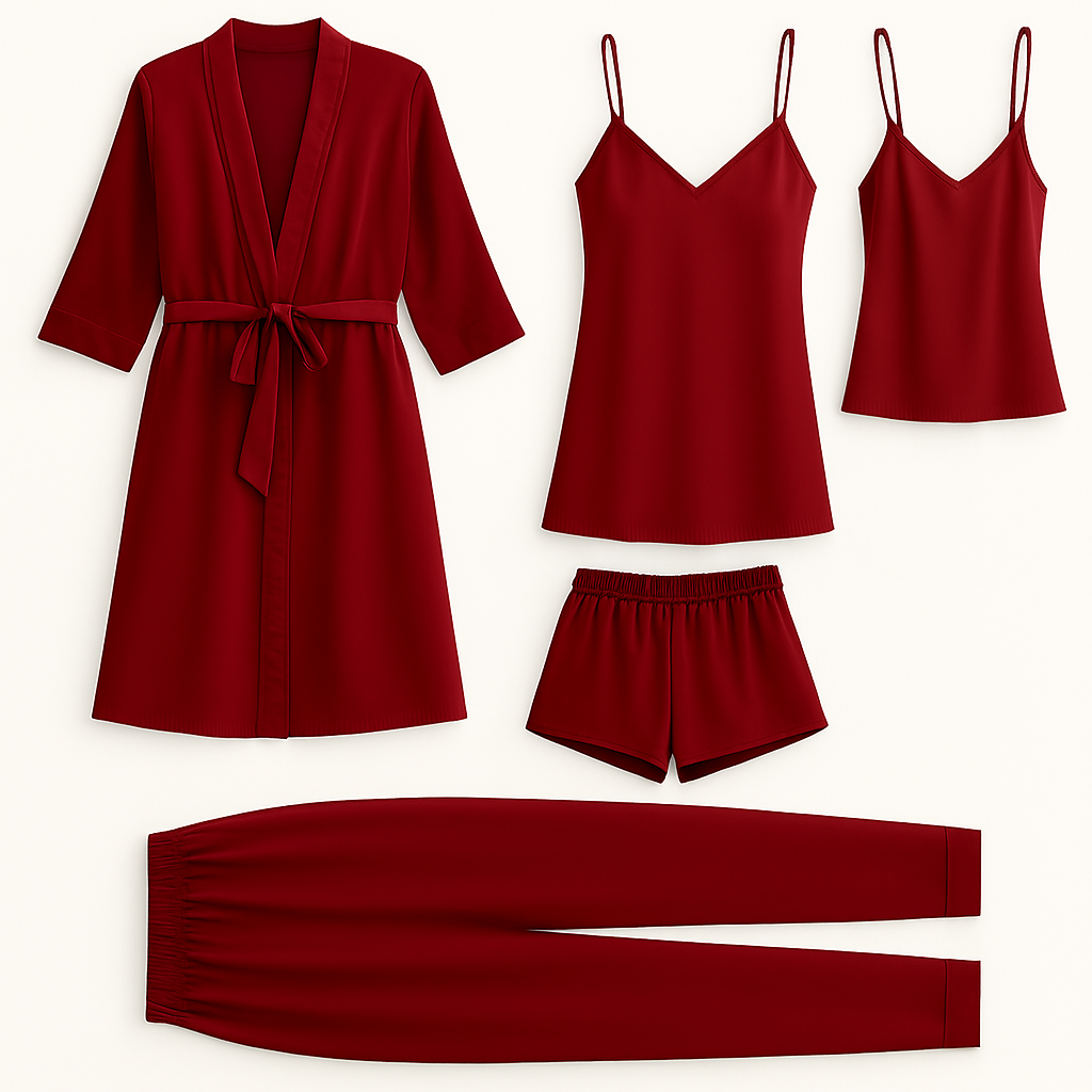 5-Piece Satin Sleepwear Set – Robe, Camisole, Shorts, Pants & Slip Dress