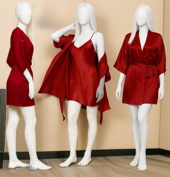 Premium Satin Sleepwear Set – Robe & Spaghetti Strap Nightdress Combo for Women – Free Size