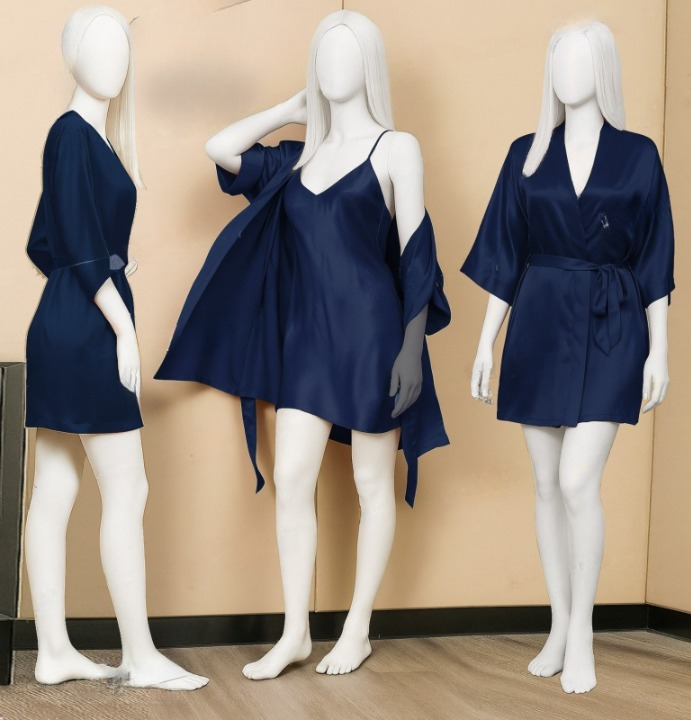 Premium Satin Sleepwear Set – Robe & Spaghetti Strap Nightdress Combo for Women – Free Size