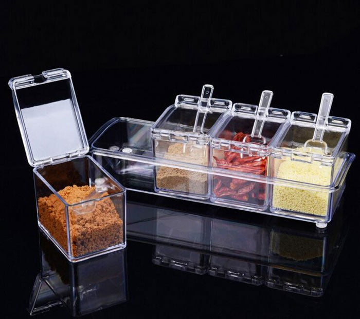 Crystal Seasoning Box With 4 Compartments And Spoons – Transparent Spice Storage Container Set For Kitchen Organization