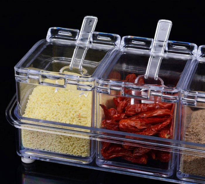 Crystal Seasoning Box With 4 Compartments And Spoons – Transparent Spice Storage Container Set For Kitchen Organization