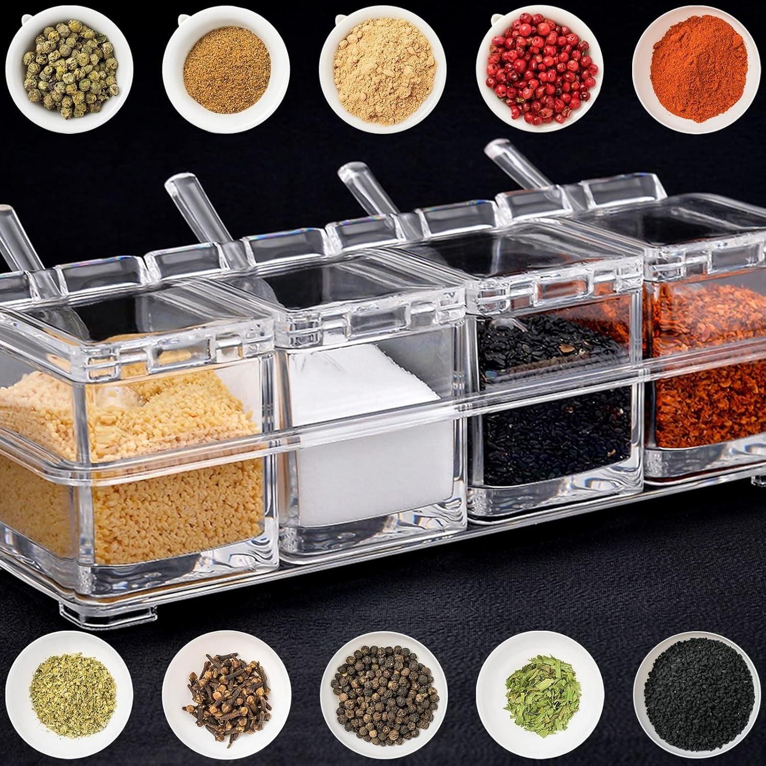 Crystal Seasoning Box With 4 Compartments And Spoons – Transparent Spice Storage Container Set For Kitchen Organization