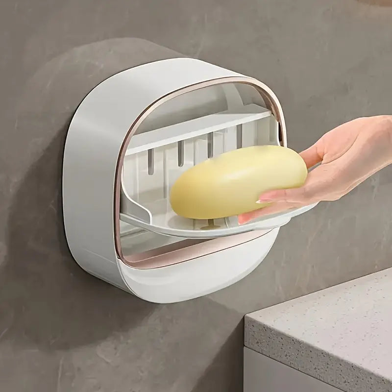 Self-Adhesive Wall-Mounted Luxury Soap Holder with Lid and Drainage Tray