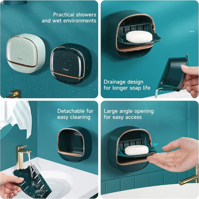 Self-Adhesive Wall-Mounted Luxury Soap Holder with Lid and Drainage Tray