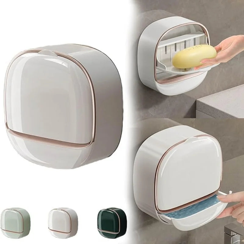Self-Adhesive Wall-Mounted Luxury Soap Holder with Lid and Drainage Tray