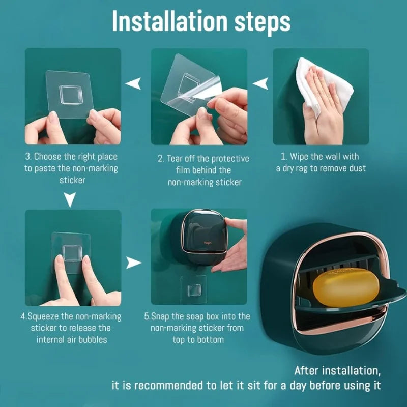 Self-Adhesive Wall-Mounted Luxury Soap Holder with Lid and Drainage Tray