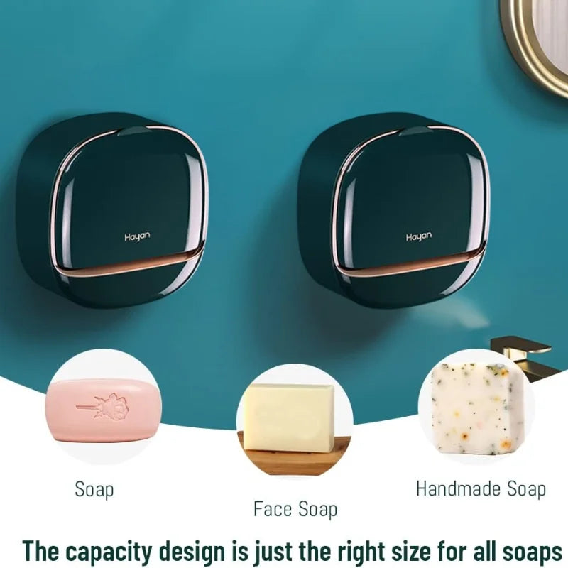 Self-Adhesive Wall-Mounted Luxury Soap Holder with Lid and Drainage Tray